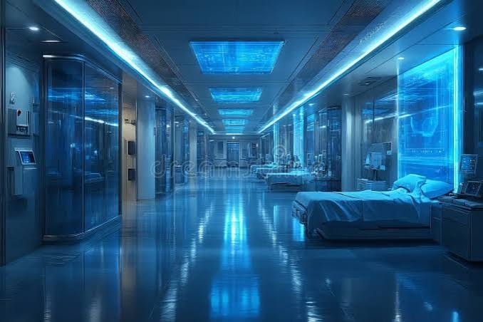 Modern hospital exterior at night